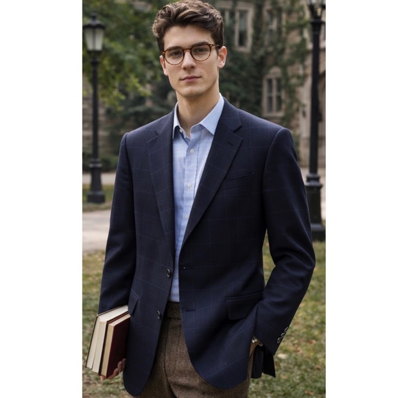 Tommy Hilfiger Mens 100% Wool Navy Blue Windowpane Plaid Two Button Blazer 38R